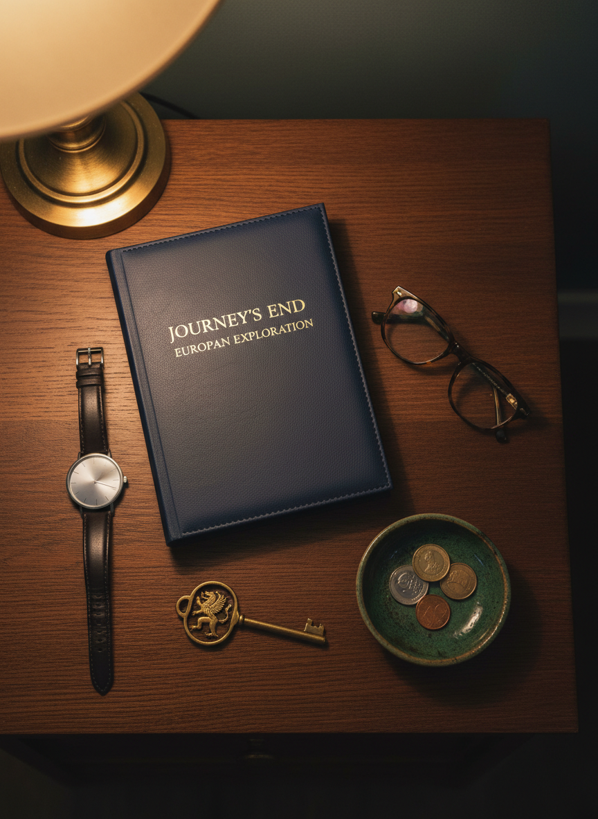 An overhead photographic view of a boutique hotel nightstand holding a gracefully bound itinerary book, a slim metal watch, and a pair of tortoiseshell reading glasses, all arranged on a deep oak surface. A small ceramic dish holds a few foreign coins and a key with an ornate brass fob engraved with an unreadable emblem. Soft, warm bedside lamp light pools over the objects, creating gentle highlights on metal edges and soft shadows between items. The mood is intimate and reflective, suggesting the pause between days on a sophisticated journey. The style is clean, modern photographic realism with a composed, editorial feel, no people in frame.
