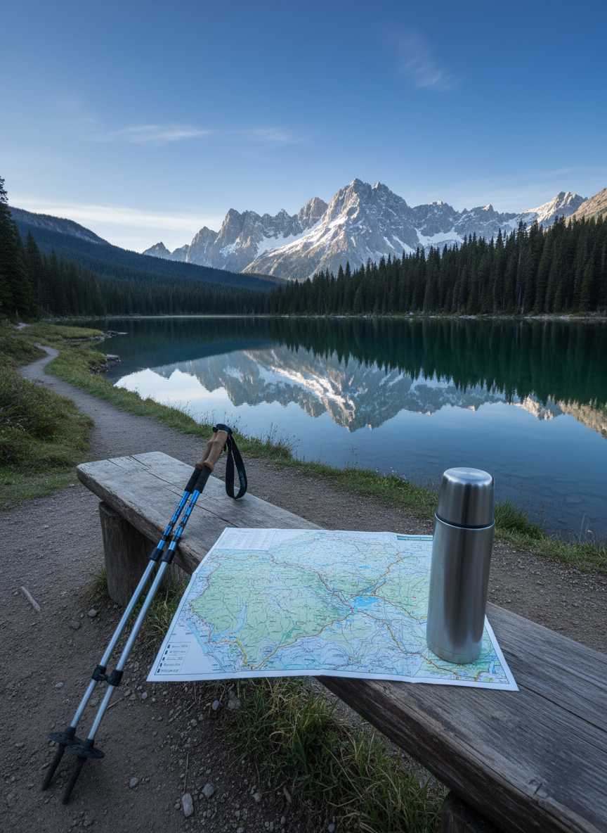 An alpine itinerary scene captured in photographic realism: a sturdy wooden bench on a lakeside trail, holding a folded topographic map, a compact stainless steel thermos, and a pair of neatly placed trekking poles leaning against the bench. Beyond, a mirror-like mountain lake reflects snow-dusted peaks and evergreen forests under a clear, crisp sky. Cool, bright morning light illuminates the textures of weathered wood and brushed metal, casting clean, subtle shadows. Shot from a slightly low angle with deep focus, the composition guides the eye from the foreground gear to the sweeping landscape. The mood is invigorating yet serene, perfect for showcasing well-structured outdoor adventure itineraries, with no people in view.