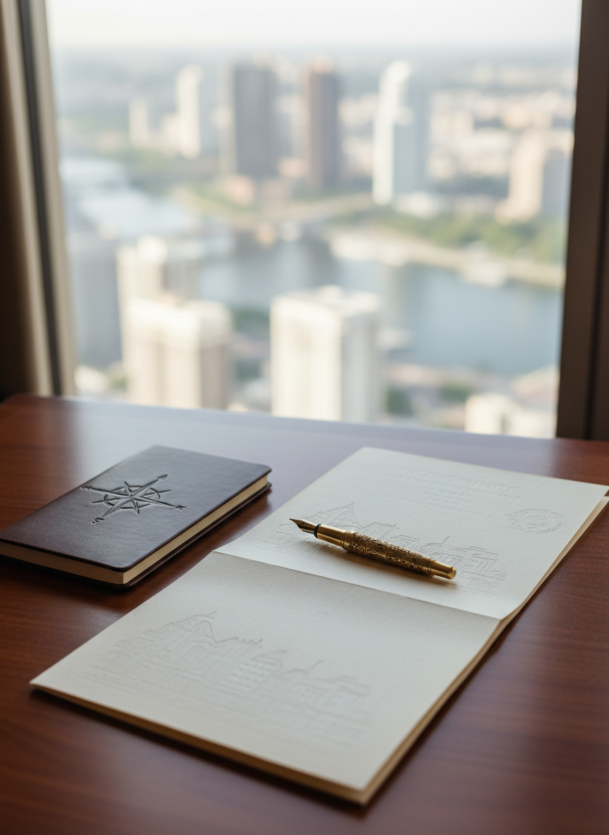A sophisticated flat-lay of a meticulously folded city travel itinerary printed on thick, textured ivory paper, resting beside a slim leather-bound notebook and a vintage brass fountain pen. The set sits on a walnut desk near a large hotel window, where soft morning light spills across the surface, catching the faint embossing on the itinerary’s cover and the subtle grain of the leather. In the blurred background, a skyline and hints of a river are visible through glass. Photographic realism, shot from a slightly elevated angle with a shallow depth of field, creates a calm, curated atmosphere that suggests a well-planned, memorable journey without showing any people or readable text.