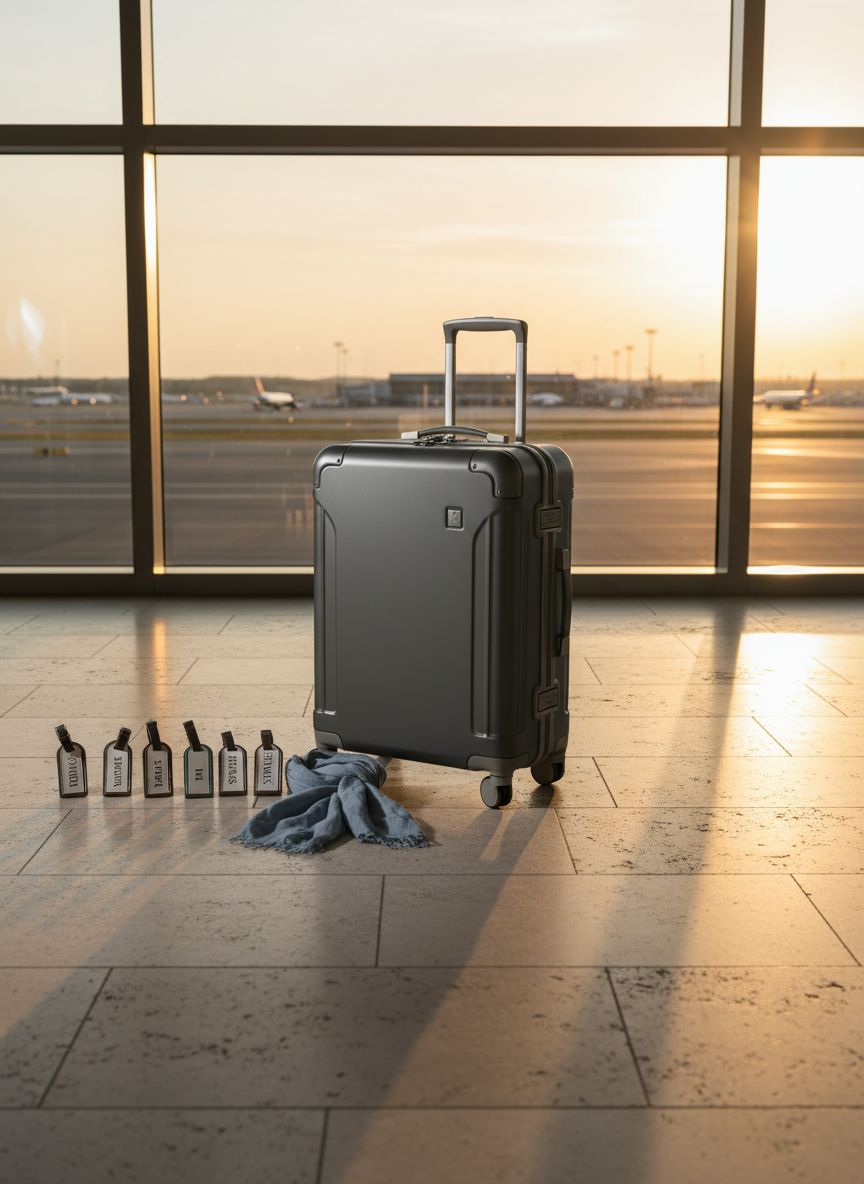 A sleek carry-on suitcase with a matte charcoal finish and refined metal hardware, standing beside a neatly arranged row of destination-labeled luggage tags and a folded linen scarf on a stone-tiled airport floor. Beyond the suitcase, large floor-to-ceiling windows reveal a runway at golden hour, with the sun casting a warm, diffused glow across the tiles and creating elongated, elegant shadows. The composition follows the rule of thirds, shot at eye level in high-resolution photographic realism. The mood is anticipatory and composed, emphasizing the start of a carefully curated itinerary while avoiding any visible people or readable signage.