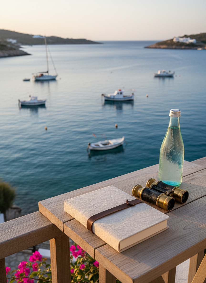 A serene coastal itinerary moment captured in photographic realism: a narrow wooden balcony table overlooking a calm, sapphire-blue bay dotted with small white boats. On the table rest a closed linen-covered travel journal, a pair of folded binoculars with brass details, and a chilled glass bottle of sparkling water beaded with condensation. Early evening light bathes the scene in a soft, golden hue, creating delicate reflections on the water and subtle highlights along the journal’s textured spine. Shot from a seated-eye-level perspective with the horizon placed in the upper third, the composition feels tranquil and sophisticated, evoking a well-paced seaside travel plan without any people present.