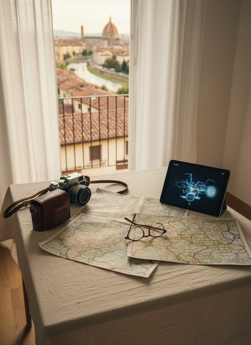 A meticulously arranged spread of regional maps, a high-end mirrorless camera with a leather strap, and a slim tablet displaying a blurred, map-like interface, all set on a textured linen tablecloth in a minimalist rental apartment. Through a nearby window, a historic cityscape with tiled rooftops and a distant cathedral dome appears softly out of focus. Late afternoon sunlight filters through sheer curtains, creating a dappled, refined glow. Photographic realism with an elevated, almost magazine-style composition shot from a three-quarter overhead angle. The atmosphere is contemplative and inspired, ideal for illustrating thoughtful itinerary planning for culturally rich destinations, with no people or legible text.