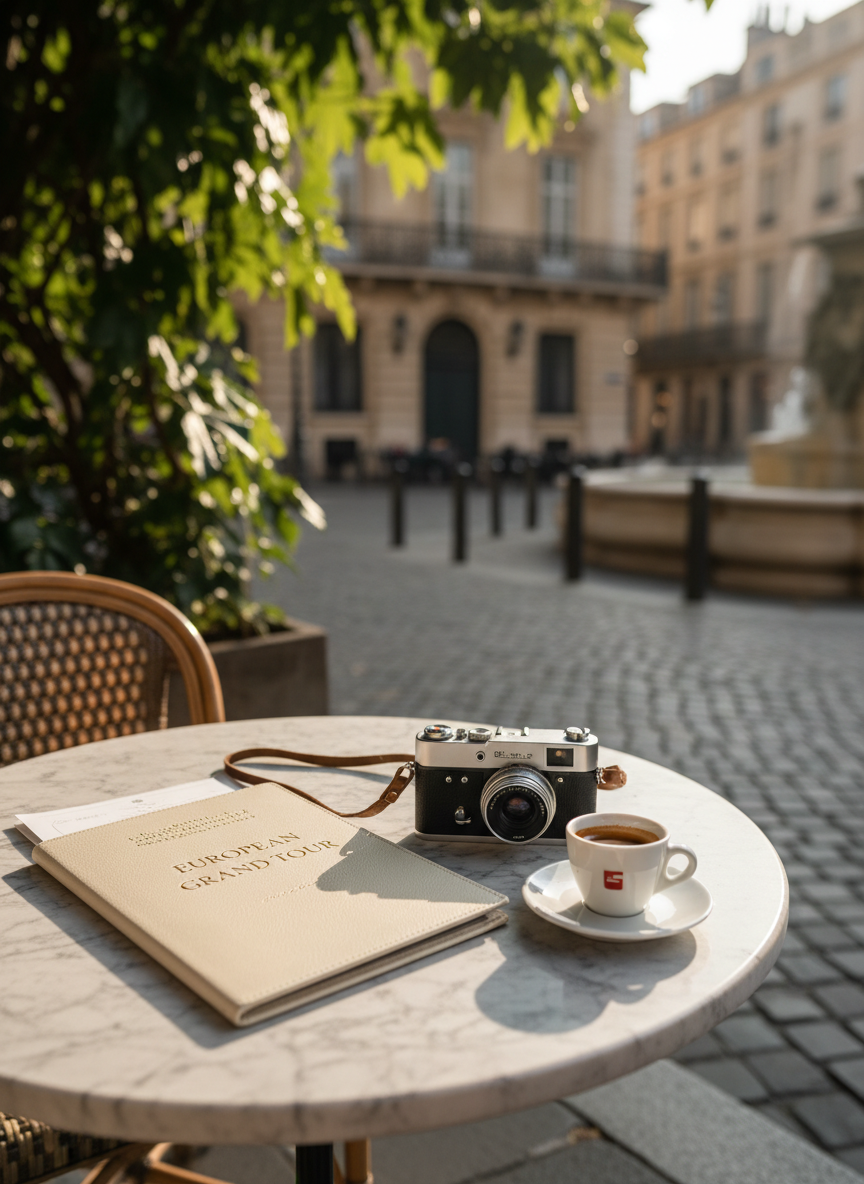 A polished stone café table in a leafy European square, holding a refined travel itinerary folder, a compact analog camera, and a small porcelain espresso cup on a matching saucer. The background reveals cobblestone streets, elegant facades, and distant fountains rendered in soft bokeh, suggesting a storied city explored at a thoughtful pace. Late-morning natural light streams between trees, creating intricate shadows of leaves across the table’s surface and subtle reflections on the cup’s rim. The image is composed using the rule of thirds, with a shallow depth of field and crisp photographic realism, projecting an urbane, leisurely mood suited to sophisticated city-break itineraries, with no people shown.